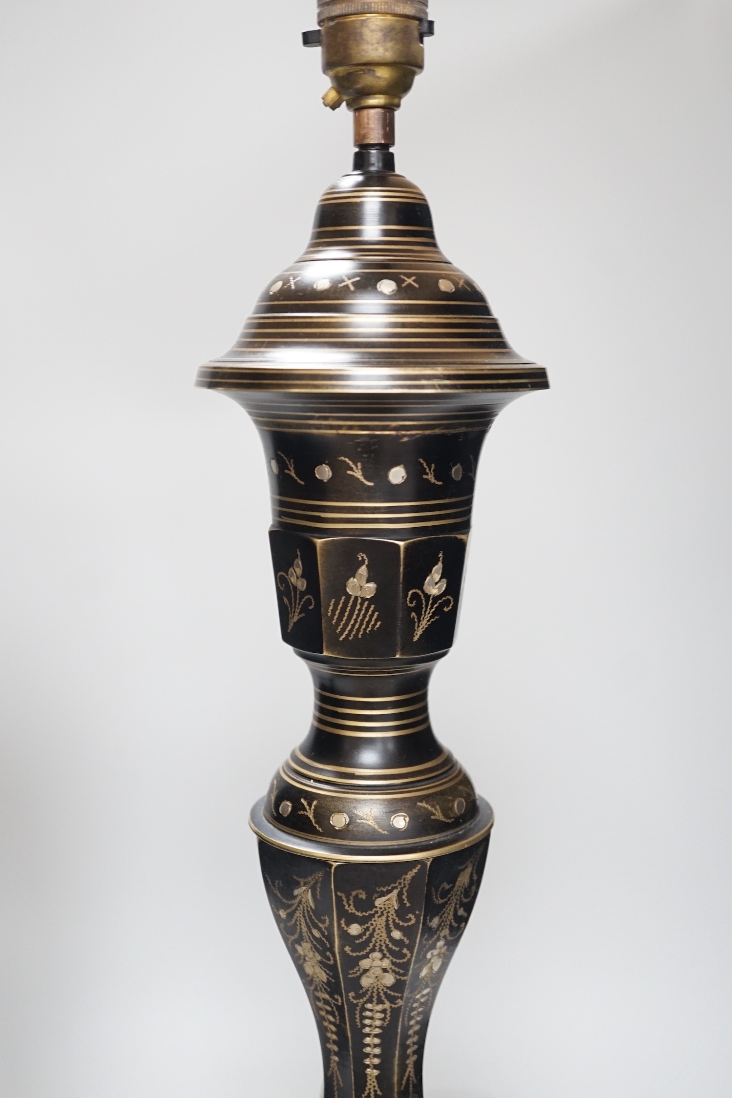 A near pair of Indian Bidri ware table lamps, 60cm total height
